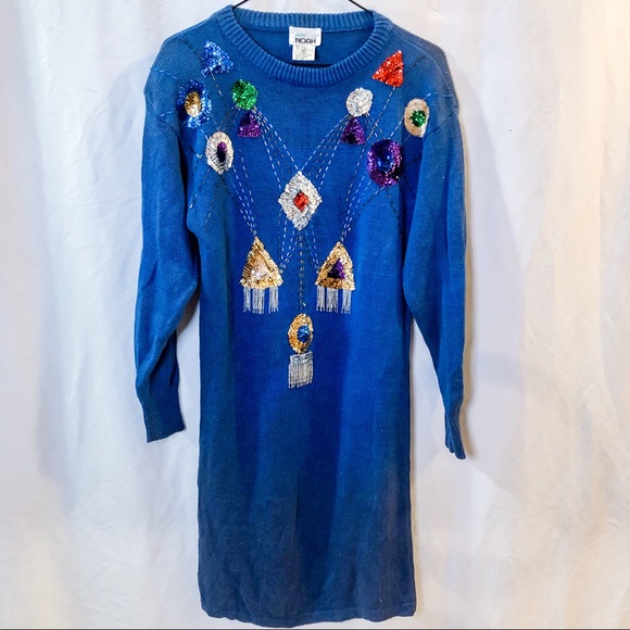 Vintage 80s Sequin Blue Sweater Dress - Picture 11 of 16